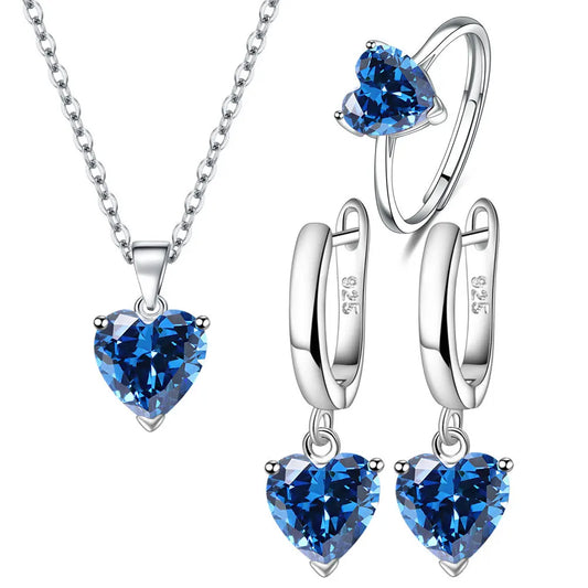 925 Sterling Silver Jewellery Sets For Women Heart Zircon Ring Earrings Necklace Elegant