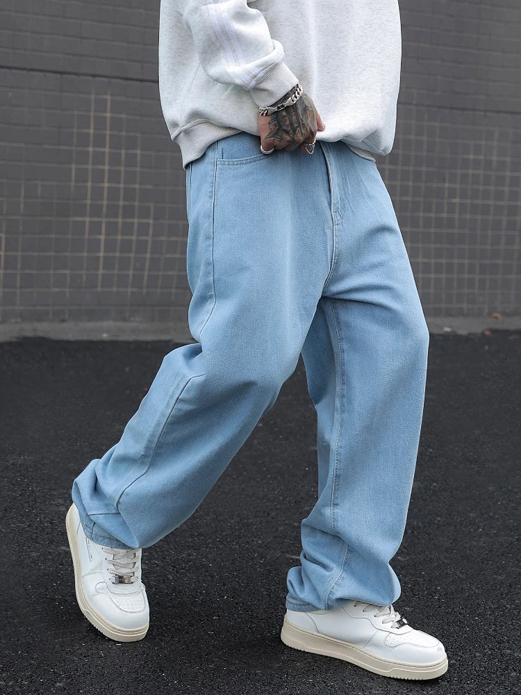 Men's Cotton Baggy Y2K Jeans Fashion Male Clothes Elastic Waist Washed Wide Leg Pants Solid Straight Loose Denim Trousers