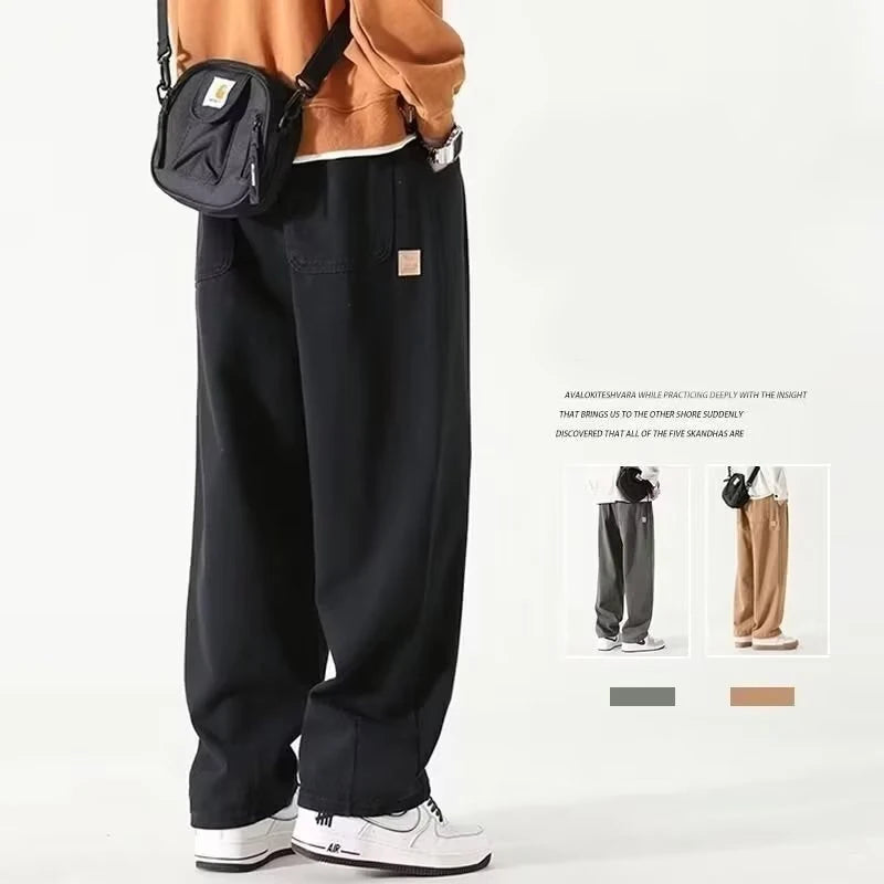 American Fashion Brand Wide Leg Pants Men Green Khaki Joggers Baggy Drawstring Cargo Trousers Men Y2K All-match Pants