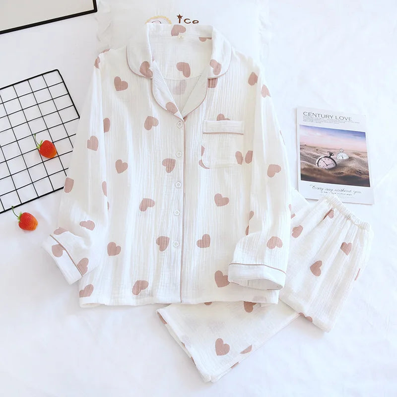 Women Pajamas 2-Piece Set 100% Cotton Gauze long sleeved pants Cute Bear Print Pajamas Homewear Ladies Pajamas Women Sleepwear