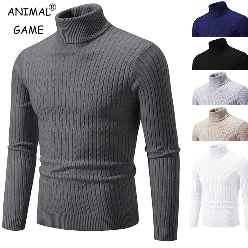 Men's High Neck Sweater Solid Color Pullover Knitted Warm Casual Turtleneck Sweatwear Woolen Mens Winter Outdoor Tops