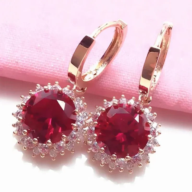 Ruby Flower Jewellery Sets Plated with 14K Rose Gold Luxury Crystal Wedding Dinner Gift Ring Necklace Earrings for Women