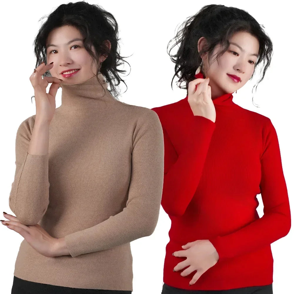 Women Long Sleeve Sweater High Collar Thermal Tops Turtleneck Woman Winter Thin Slim Jumpers Choker Sweaters