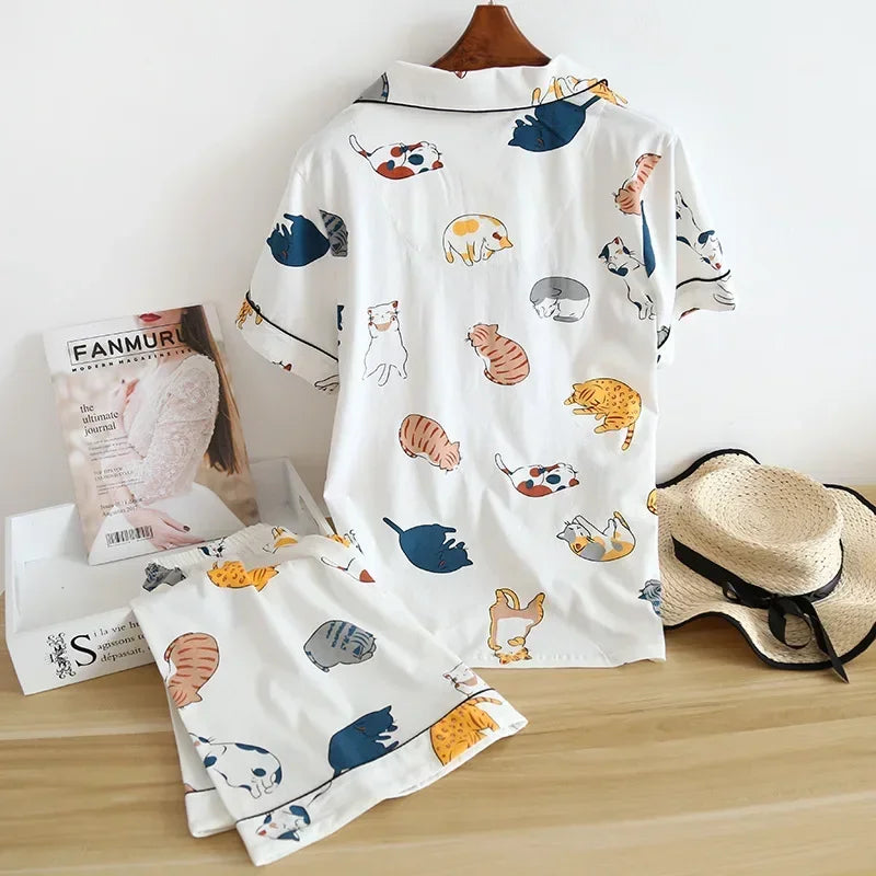 cotton short-sleeved shorts ladies pajamas set cute cartoon pajamas Japanese simple short pajamas women sleepwear