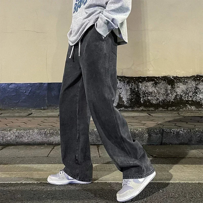 New Streetwear Loose Jeans Men Korean Style Fashion Loose Straight Wide Leg Pants Men's Brand Clothing Black Light Blue