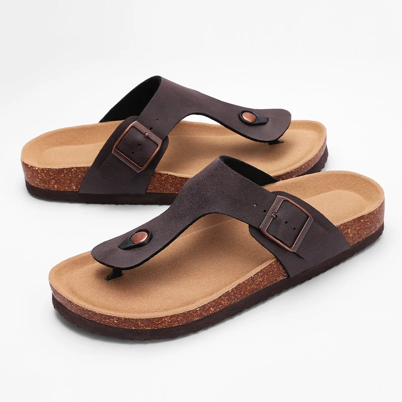 Flat Flip Flops Mens Cozy Casual Bedroom Sandals Summer Cork Slippers For Men Soft Sole Home Slides With Arch Support