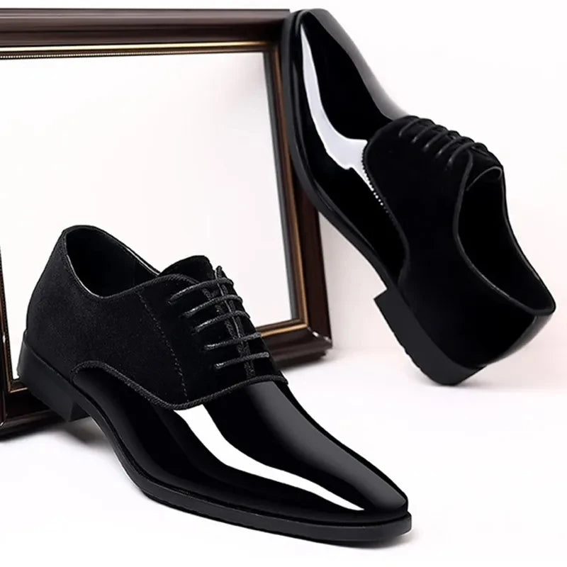 Black PU Patent Leather Shoes for Men Casual Business Shoes Lace Up