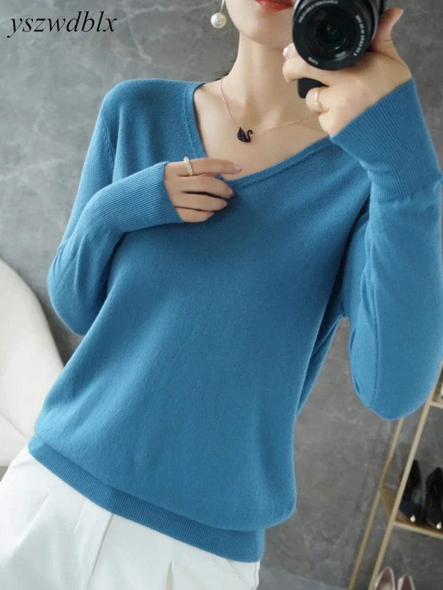 Womens Sweaters Spring Autumn V-neck Knitted Pullovers Loose Bottoming Shirt Cashmere Fashion Jumper