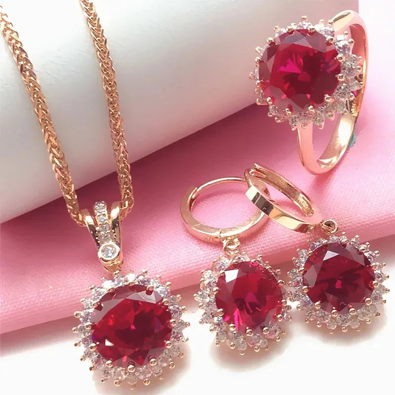 Ruby Flower Jewellery Sets Plated with 14K Rose Gold Luxury Crystal Wedding Dinner Gift Ring Necklace Earrings for Women