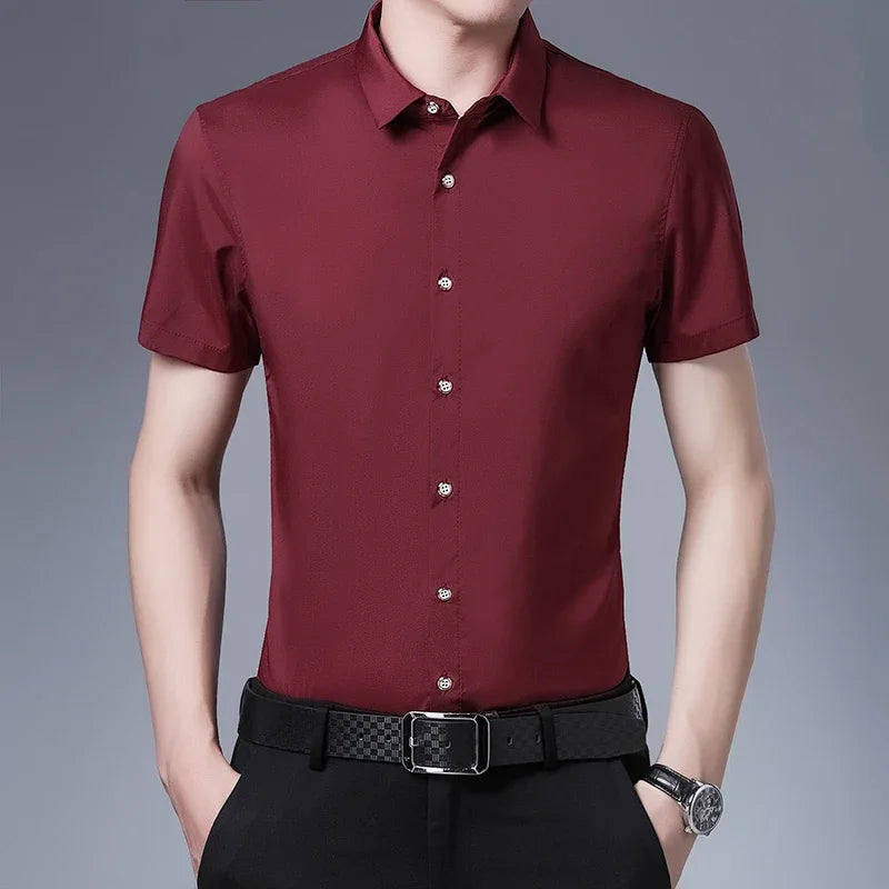 Men's Business Casual Solid Color Short Sleeved Shirt Non Ironing Comfortable Top