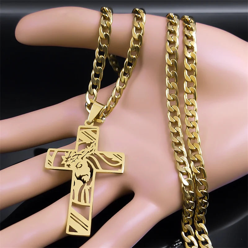 Hip Hop Punk Crown of Thorns Jesus Cross Necklace for Men Stainless Steel Gold Plated Crucifix Pendant Necklaces Jewellery