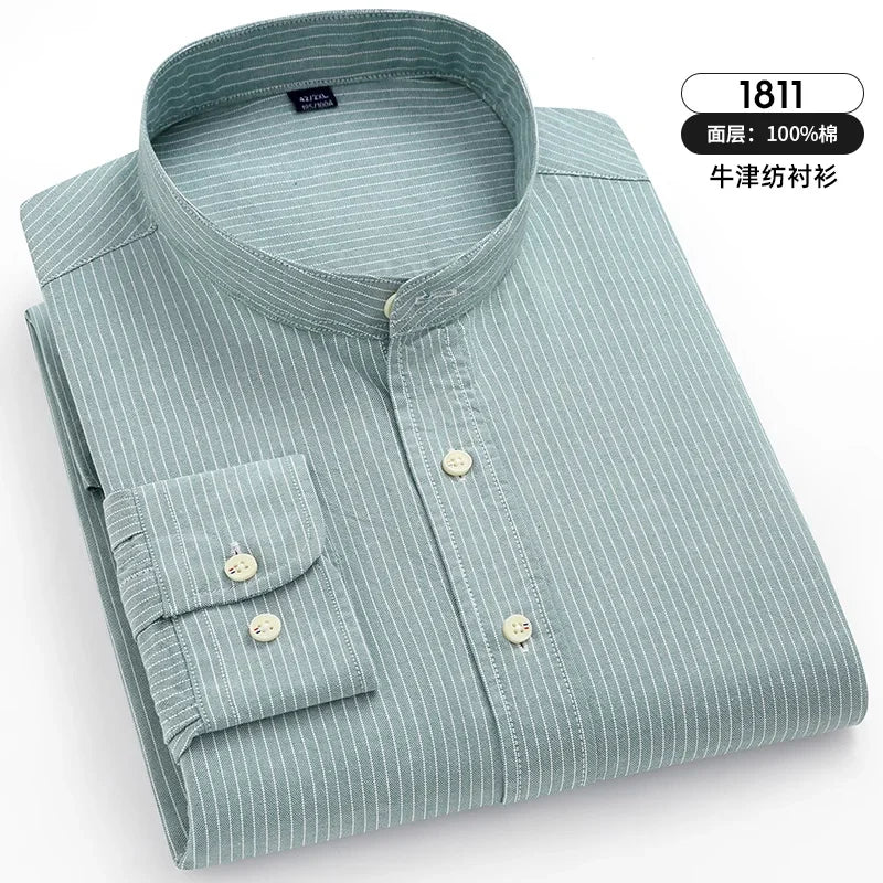 Stand-up Striped Shirt Cotton Long Sleeve Shirt Men Oxford Solid Color Korean Clothes Mens Fashion Male Social Formal Shirts