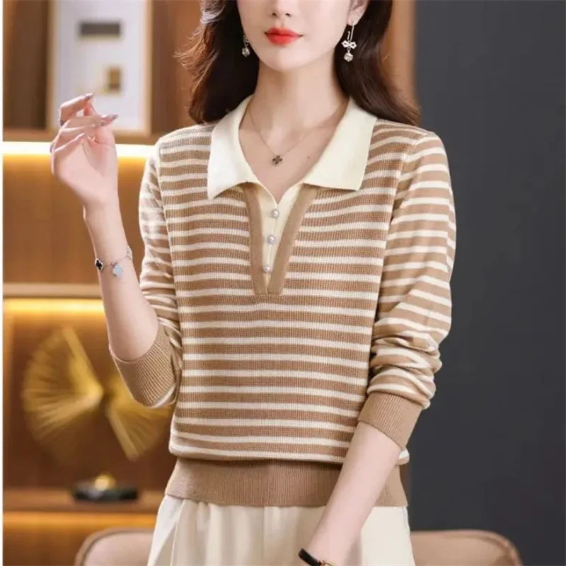 Sweater Women Pullover All-Match Turn-Down Collar Color Blocking Fake Two Pieces Sweater Knitted Female