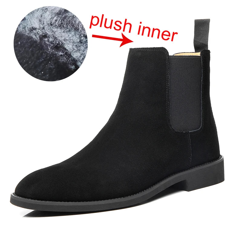 British Style Men's Genuine Suede Leather Chelsea Boots High-top Business Dress Shoes Fashion Warm Winter Men Riding Boots