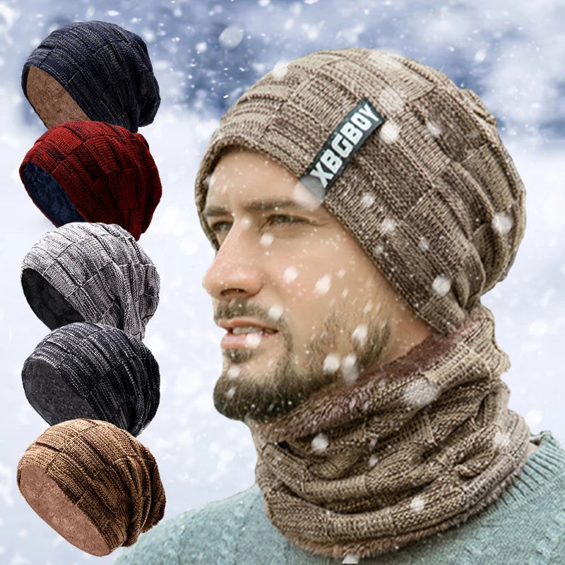 Mens Beanie Hat 2pcs Ski Cap And Scarf Winter Warm Woolly Hats Knit Ribbed Hiking Outdoor Plus Velvet Thicken Hedging Caps