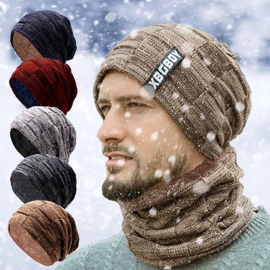 Mens Beanie Hat 2pcs Ski Cap And Scarf Winter Warm Woolly Hats Knit Ribbed Hiking Outdoor Plus Velvet Thicken Hedging Caps