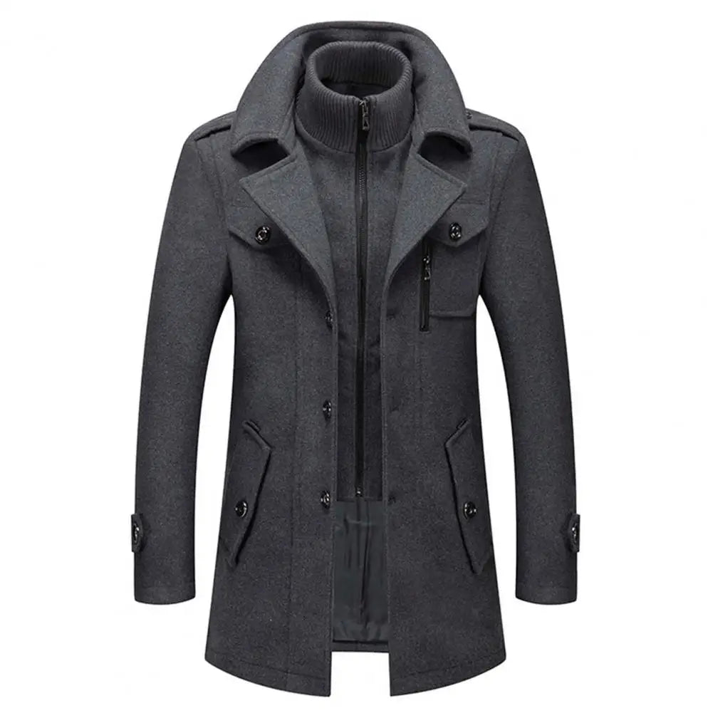 Stylish Coat Temperament Zipper Buttons Coat Solid Color Autumn Winter Men Jacket for Business