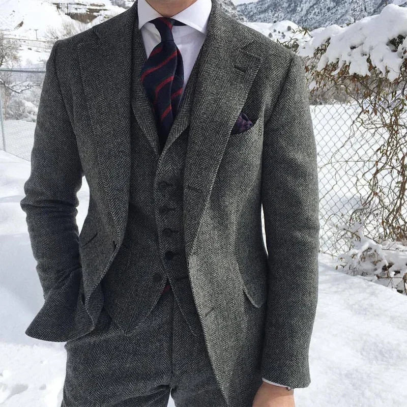 Tweed Winter Men Tuxedo Fashion 3 Piece (Jacket +Vest +Pants+Tie)