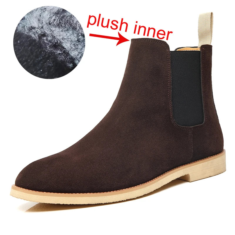 British Style Men's Genuine Suede Leather Chelsea Boots High-top Business Dress Shoes Fashion Warm Winter Men Riding Boots