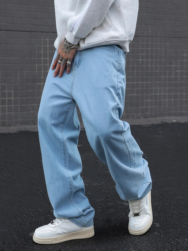 Men's Cotton Baggy Y2K Jeans Fashion Male Clothes Elastic Waist Washed Wide Leg Pants Solid Straight Loose Denim Trousers