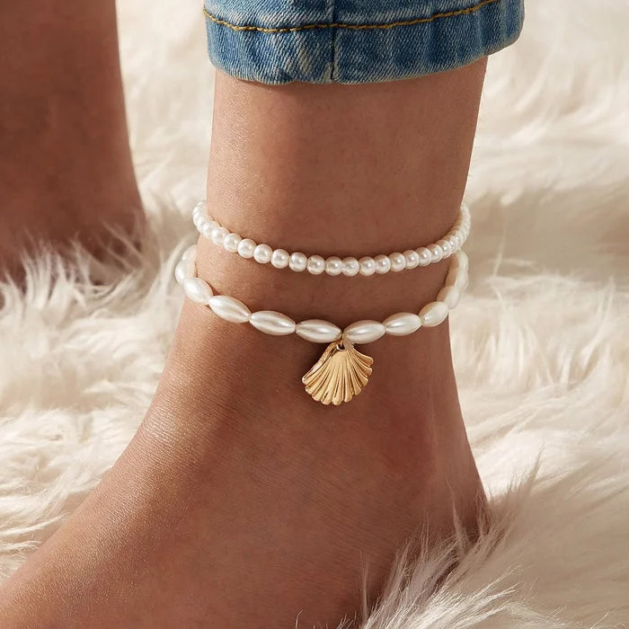 5 Pcs Exquisite Metal Butterfly Star Heart Pendant Anklets Set Bohemia Vintage Pearl Pendant Foot Bracelet Beach Woman Jewellery