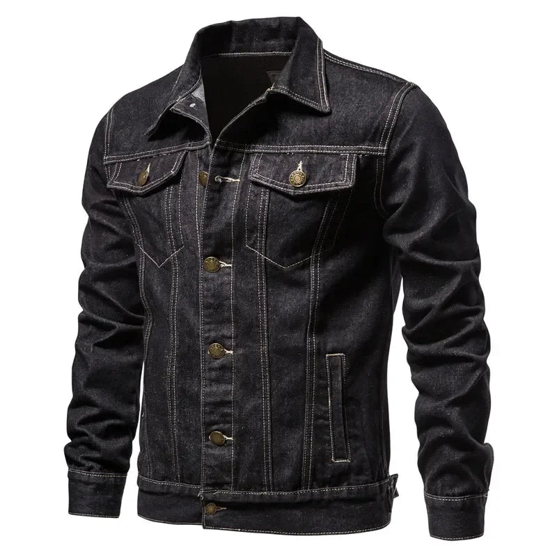 Men's Cotton Lapel Denim Jacket – Casual Solid Color Streetwear, High-Quality Slim Fit Jeans Jacket for Autumn