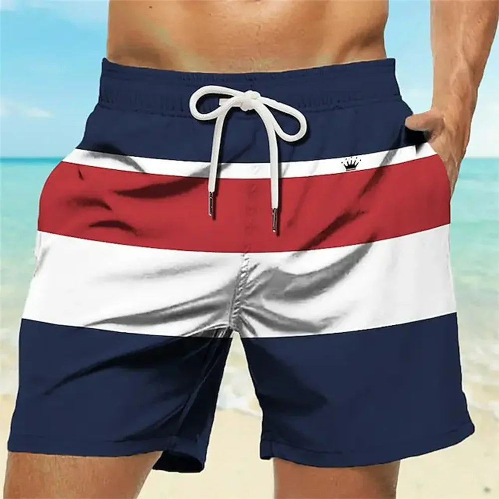 Men's Striped 3D Printed Swim Shorts Crown Logo Design Elastic Waistband Hawaiian Style Beach and Vacation Summer 2024