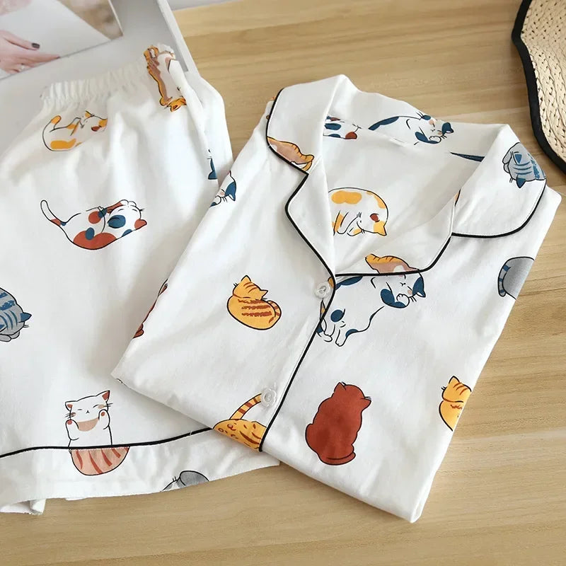 cotton short-sleeved shorts ladies pajamas set cute cartoon pajamas Japanese simple short pajamas women sleepwear