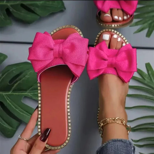 Luxury Summer Bow-knot Slippers Women Outdoor Trend Flat Beach Sandals Female Flip Flops Brand Design Woman Slides Shoes 2024