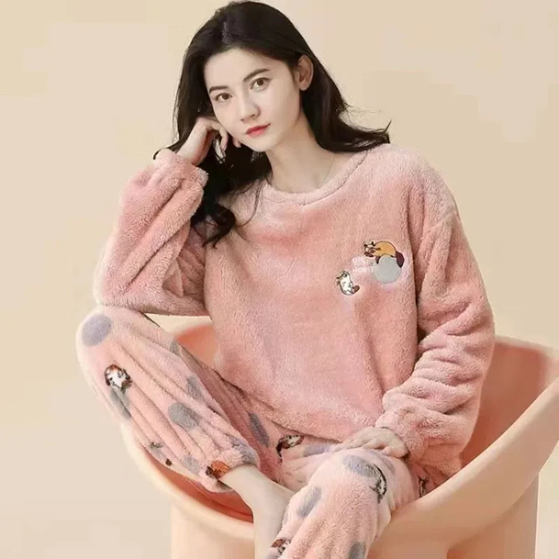 Thickened Warm Flannel Women's Sleepwear Coral Velvet Pajamas Loungewear Winter Cartoon Bear Padded Girl Nightwear Homewear Sets