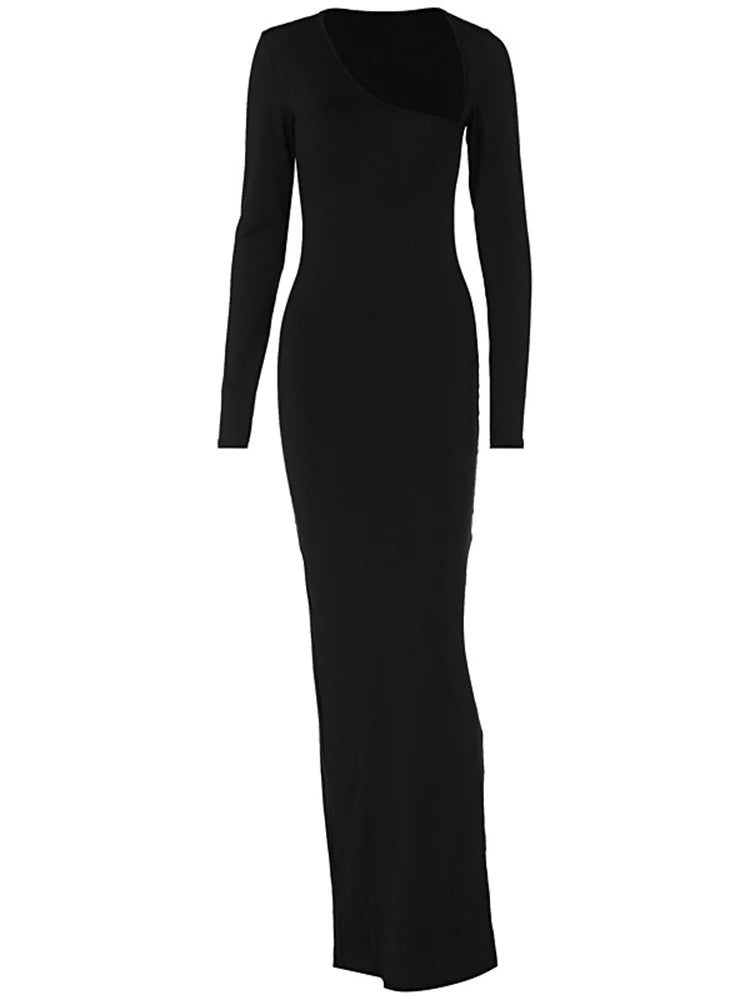 Sexy Black Evening Party Dress Women Elegant Fall Winter Outfits Asymmetrical Long Sleeve Night Club Party Split Maxi Dresses