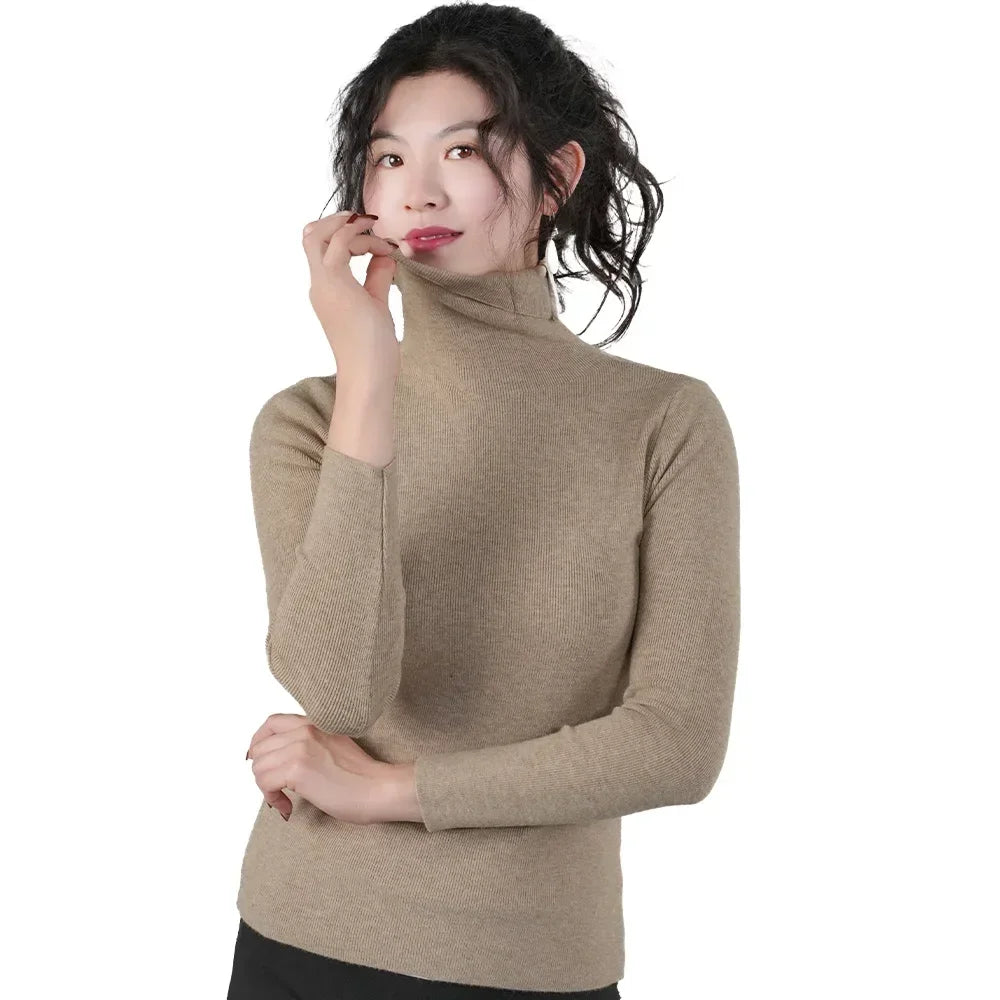 Women Long Sleeve Sweater High Collar Thermal Tops Turtleneck Woman Winter Thin Slim Jumpers Choker Sweaters