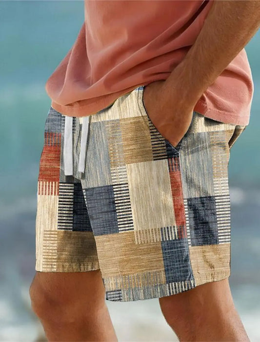 Color Block Men's Resort 3D Printed Geometry Board Shorts Swim Trunks Elastic Drawstring Hawaiian Style Holiday Beach