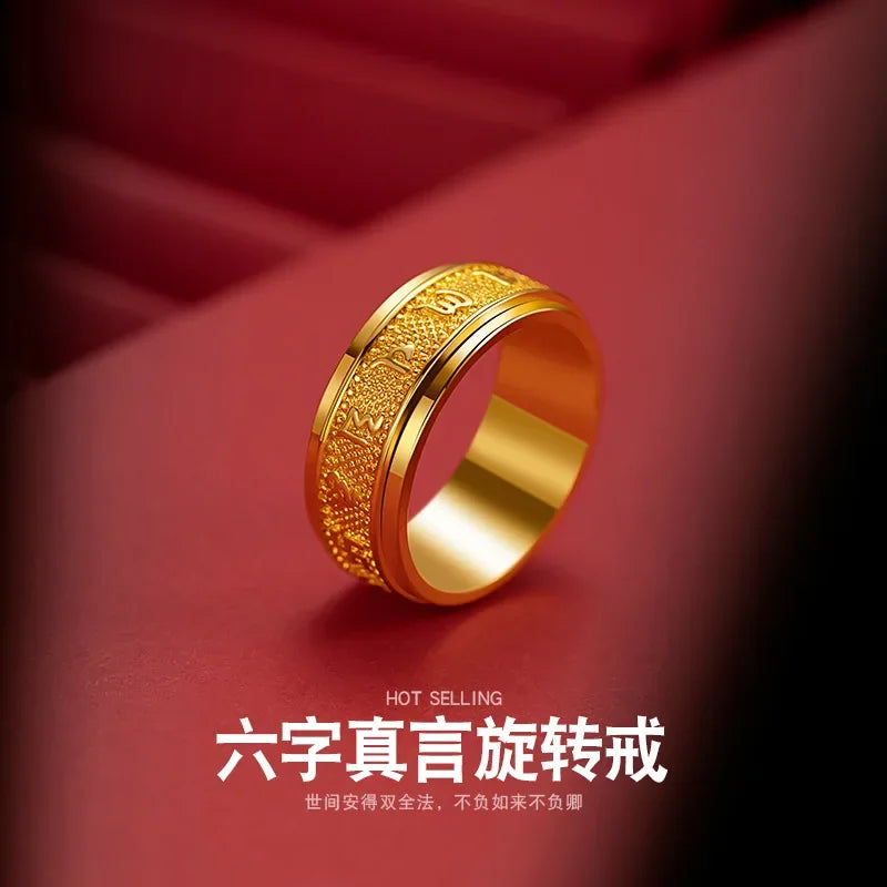 Real gold 24K yellow gold Six-character mantra rotating ring