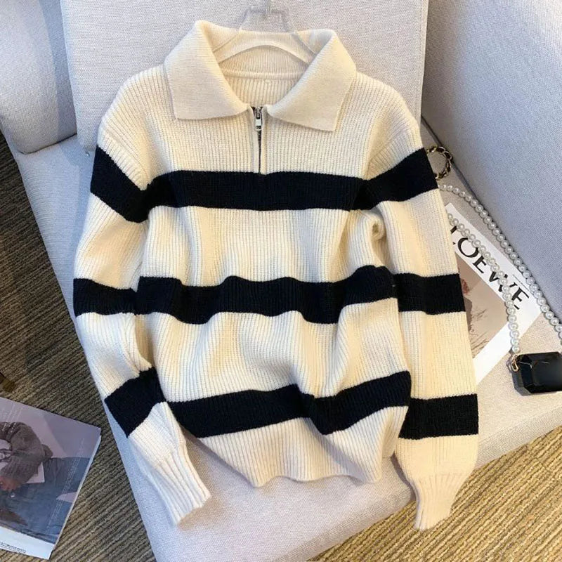 Women's Turndown Collar Striped Sweater Vintage Loose Long Sleeve Knitwear Female Autumn Winter Warm Knitted Jumper Top