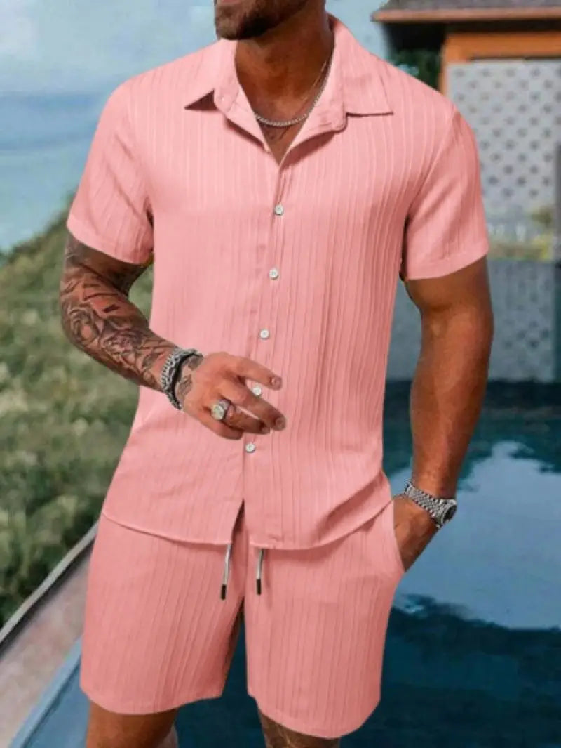 Men's Beach Suit, Striped and Solid Color Short Sleeve Shirt with Shorts, Sports Casual, Breathable, Lightweight, High-Quality Men's Wear.