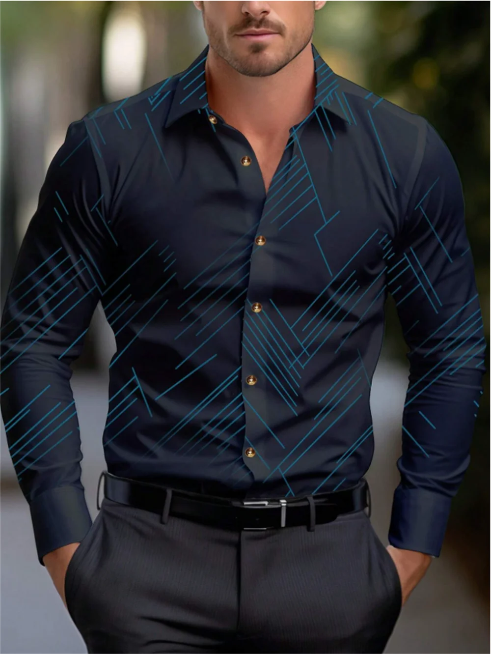 Striped Long Sleeve Shirt Fashion Sports Men's Shirt Lapel Large Size Breathable Men's Clothing Button Design