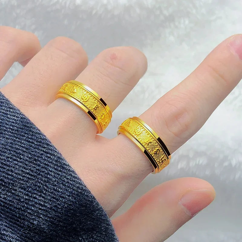 Real gold 24K yellow gold Six-character mantra rotating ring