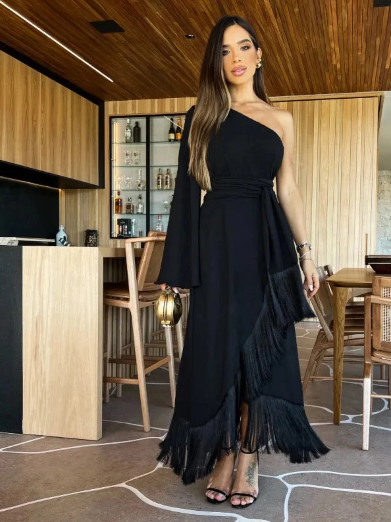 Solid  Women's One-Shoulder Sexy Lady Long Skirt Slit Ruffled Tassel Swing Evening Dress