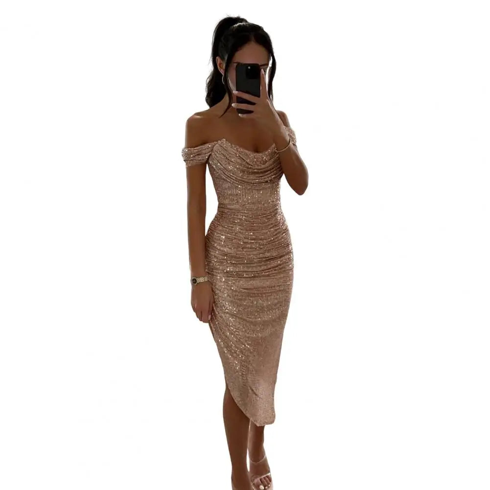 Sequined Evening Gown Sexy Low-cut Off Shoulder Slim Fit Bodycon Dress Shinny Sequins Irregular Hem Cocktail Party Midi Dress