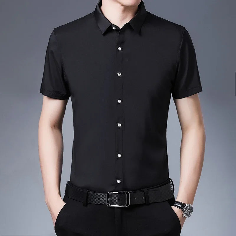 Men's Business Casual Solid Color Short Sleeved Shirt Non Ironing Comfortable Top