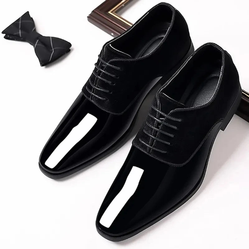 Black PU Patent Leather Shoes for Men Casual Business Shoes Lace Up