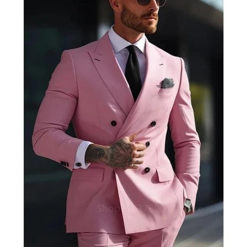 2 Pieces Men Suits Set Fashion New Men's Formal Business/Wedding Groom Suits Peak Lapel Double Breasted Blazer Trousers