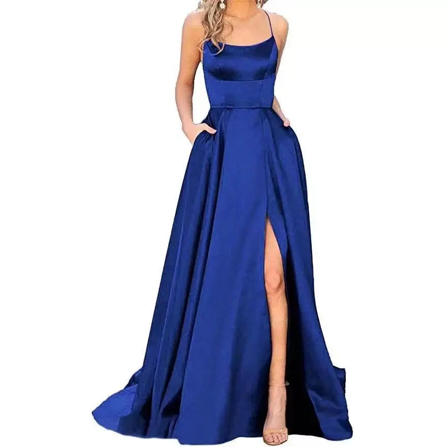 Women's Banquet Slit Long Dress With Small Tail Suspender Solid Color Banquet Evening Dress Long Dress