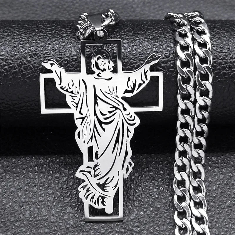 Hip Hop Punk Crown of Thorns Jesus Cross Necklace for Men Stainless Steel Gold Plated Crucifix Pendant Necklaces Jewellery