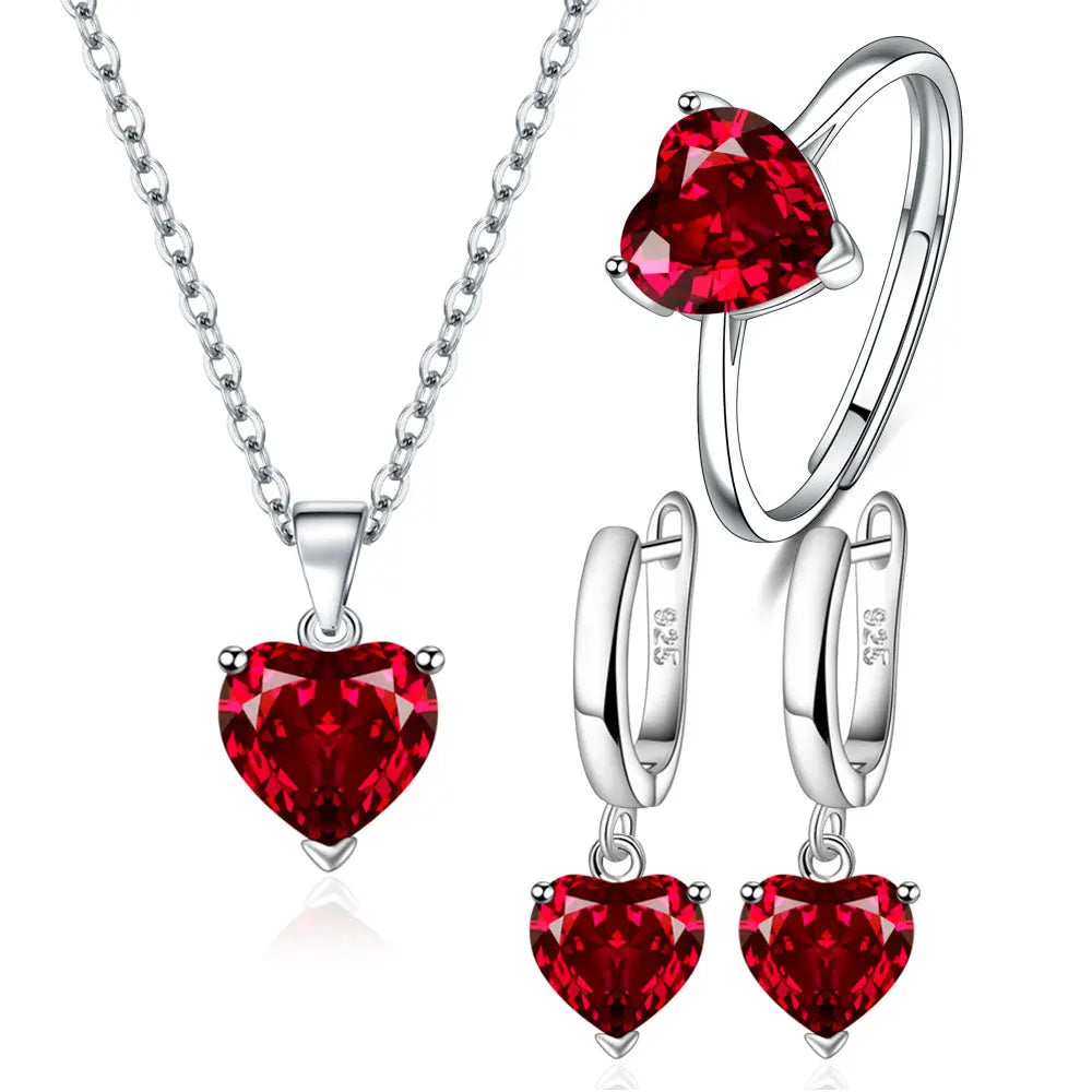 925 Sterling Silver Jewellery Sets For Women Heart Zircon Ring Earrings Necklace Elegant