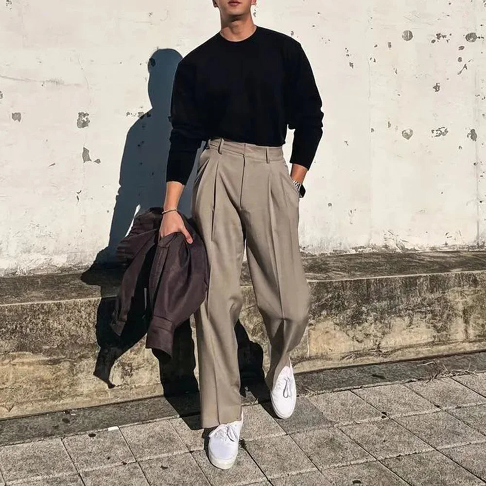 Mens Long Pants Pleated Streetwear Casual Suit Pants Autumn Versatile Breathable Solid Color Wide Leg Pants Men's clothing