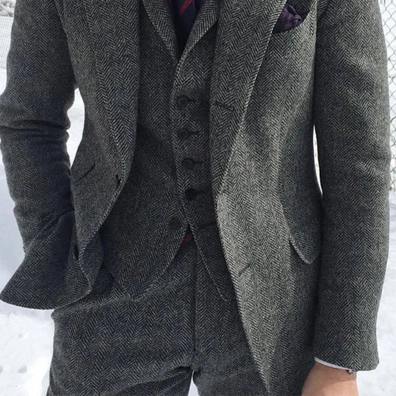 Tweed Winter Men Tuxedo Fashion 3 Piece (Jacket +Vest +Pants+Tie)