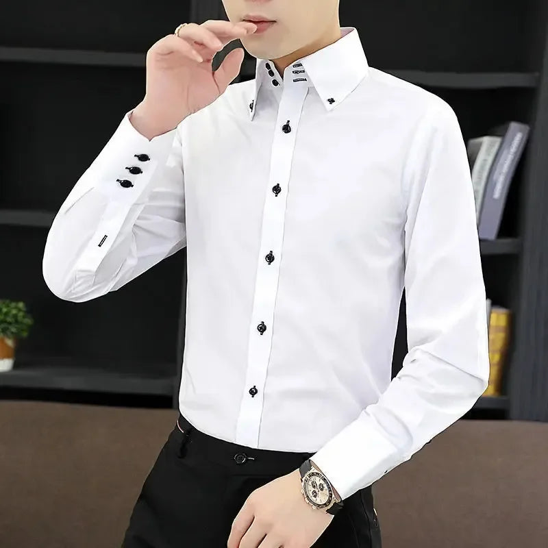 Dress Shirt for Men Button-down Collared Formal Business Long Sleeve Casual Korean Fashion Slim Fit Male Designer Shirts White