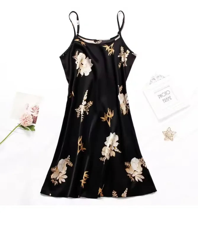 Women Nightwear Home Clothes Sexy Black Floral Printing Nightdress Sleepwear Nightshirts Silk Sleepshirts Nightgowns For Woman